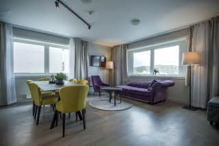 Master suite with view. Main dining table and sofa group