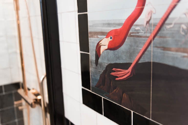 Decoration in bathroom flamingo on wall Haymarket by Scandic