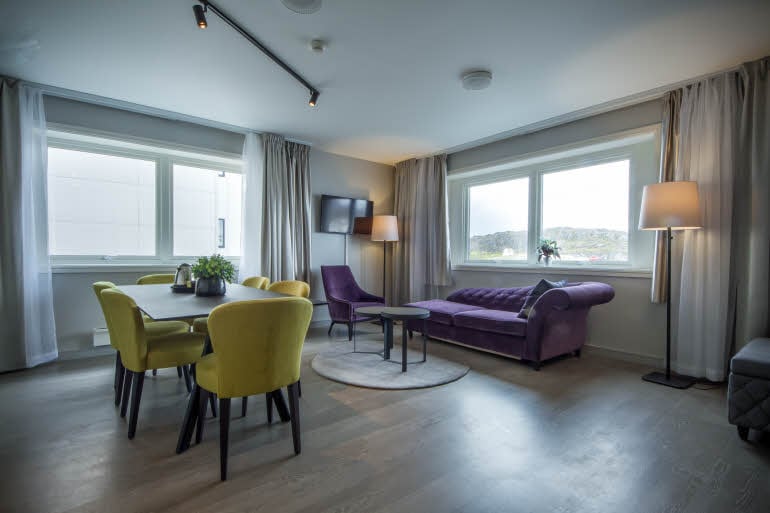 Master suite with view. Main dining table and sofa group
